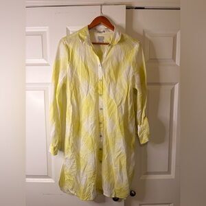 Chico's Women’s Yellow White Gingham 100% Linen Roll Tab Sleeve Dress